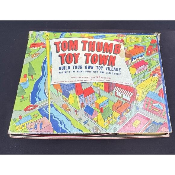 1937 TOM THUMB TOY TOWN Transogram Gold Medal toy wooden blocks buildings car - Picture 2 of 11